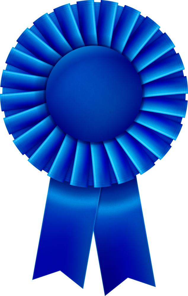 A blue first place prize ribbon